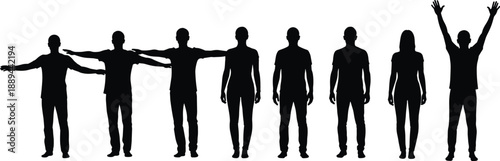 Black silhouettes of people in different poses, standing with arms out, arms down, and celebrating with hands raised,