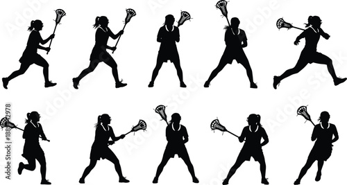 Lacrosse, silhouette, female, athlete, sport, action, pose, stick, running, throwing, defending, dynamic, movement, game, team, competition, training, net, motion, strength