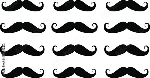 Mustache silhouette pattern, vintage style, black icons, whimsical design, classic curls, decorative layout, retro grooming, symmetrical grid, facial hair, barbershop theme, quirky illustration,