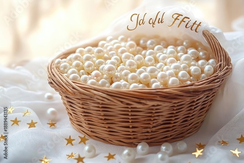 woven wicker basket overflowing with lustrous pearls on soft white fabric with scattered gold star confetti, elegant and serene still life