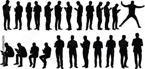 Mobile user silhouettes, smartphone interaction, digital lifestyle, black illustration, modern posture, tech behavior, standing pose, sitting figure, jumping gesture, device engagement