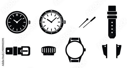 Detailed vector illustration of various watch parts. Elements of timepiece, watch straps, watch tools, watch repair.