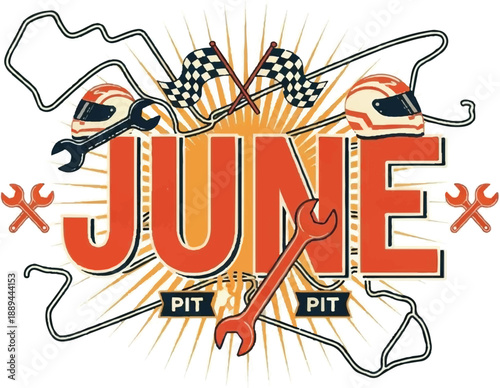 Racing Theme Graphic with Wrenches and Checkered Flag in Vibrant Illustration