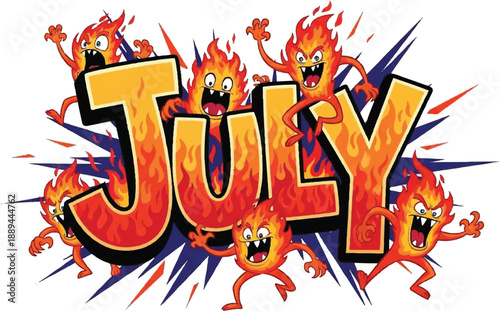 Vibrant summer month of July represented by fiery characters and explosive energy