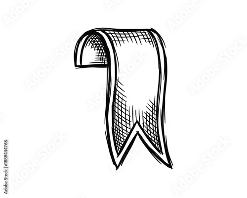 Hand drawn sketch illustration of a ribbon bookmark, page marker. Classic drawing with shading and bold outline.
