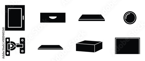 Illustration set showcasing cabinet hardware, door, drawer, hinge, knob icons, for furniture design concept.