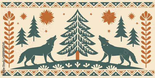 Two wolves howling at night in mystical forest with pine trees and stars