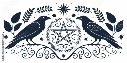 Mystical ravens facing each other with pentagram and leaves