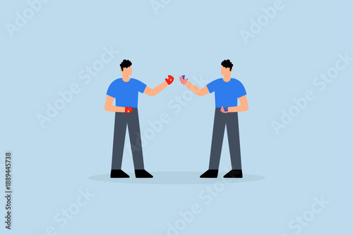 US China trade war, businessmen fight carrying a boxing ball with the flag of China and the United States.