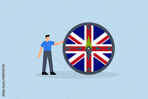 UK, United Kingdom economic direction,  direction compass with Union Jack UK flag with businessman leader.