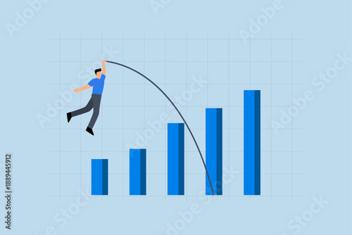Business growth, businessman jumping over growth bar chart.