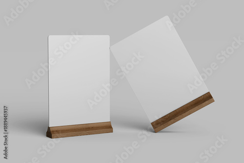 two playful standing blank table tent card menu display holder a5 paper size with wooden base mockup design template 3d render isolated