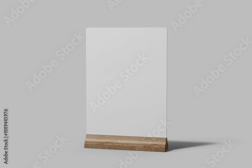 blank standing table tent menu display holder acrylic a5 paper size with wooden base mockup design template 3d render isolated