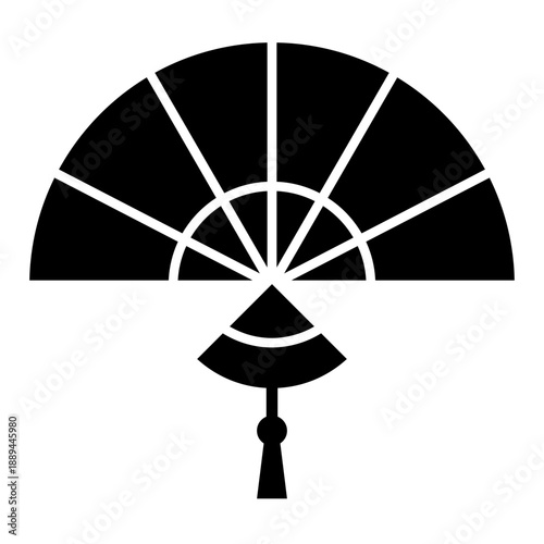 Black Silhouette of a Folding Fan with Tassel Icon on White Background