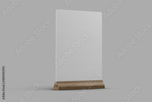 blank table top tent menu display holder acrylic in a5 paper size with wood base mockup design template 3d render isolated