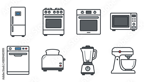 Kitchen appliances icons set vector illustration of household appliances for cooking and food preparation.
