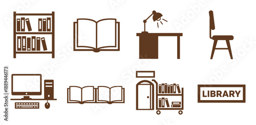 Library themed vector icon set. Includes bookshelf, open book, desk, chair, computer, books and library sign.