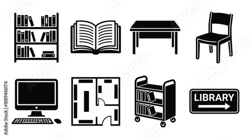 Library furniture icon set, including bookshelf, book, table, chair, computer, floor plan, book cart and sign.