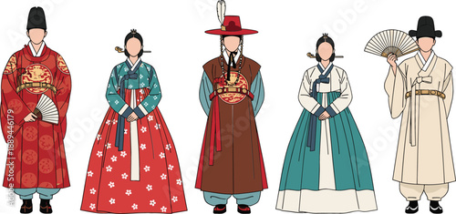 Traditional South Korean Hanbok clothing set with royal robes and scholar attire for cultural tourism and historical branding vector
