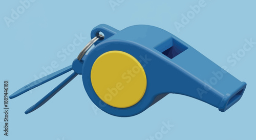 a vibrant blue and yellow sports whistle with a silver keyring is prominently displayed against a light blue background