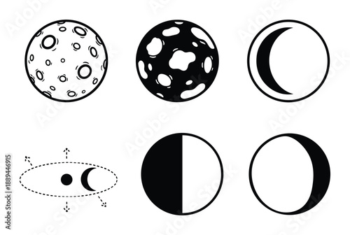 Phases of the Moon vector illustration. Lunar cycle with a dotted line around the moon, half moon and full moon.