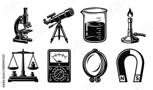Science equipment vector: microscope, telescope, beaker, bunsen burner, balance, voltmeter, lens, and magnet.