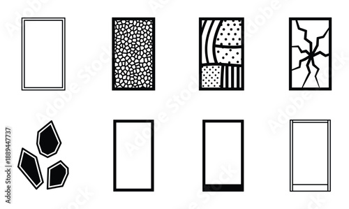 Set of eight decorative panels with abstract, geometric, cracked glass designs, and simple frame patterns.