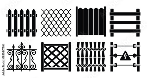 Set of fence types silhouettes. Includes wooden, metal, and wire fences. Security and enclosure options.