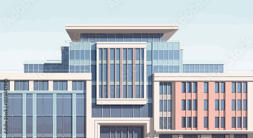 Modern multi-story office building exterior with glass facades and clean lines, corporate architecture in bright daylight.