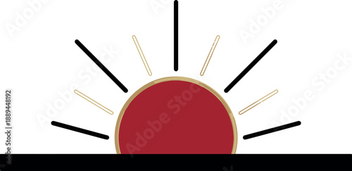 Minimalist sunrise or rising sun icon with rays in red, black, and gold style vector illustration.