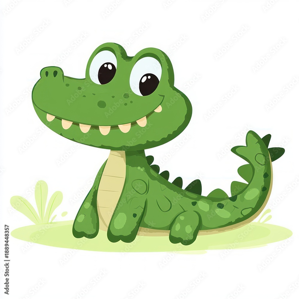 Fototapeta premium Cute cartoon green crocodile with big eyes smiling and sitting on grass with water splashes behind