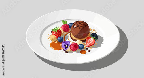 Gourmet Chocolate Dessert with Fresh Berries, Caramel Sauce, and Edible Flowers on White Plate