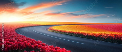 Curving asphalt road winding through endless red and yellow tulip fields under a dramatic golden sunset sky, serene and uplifting spring landscape