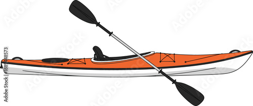 Orange sea kayak with black paddle isolated on white background for outdoor water sports recreation adventure tourism and summer vacation equipment design.