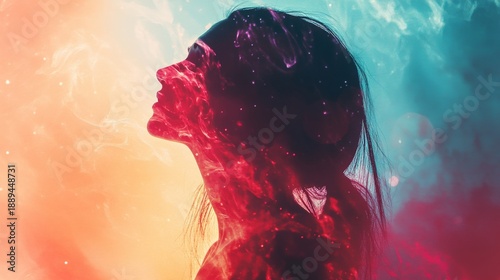 A double exposure portrait of a woman with colorful nebula-like background.