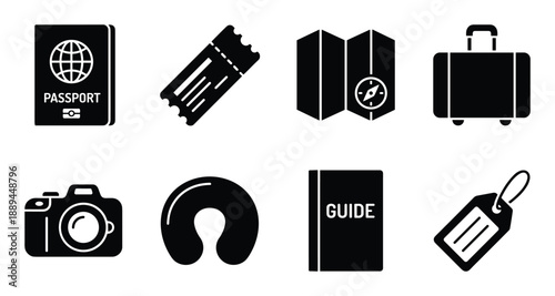 Travel and tourism related glyph icons set. Passport, ticket, map, suitcase, camera, guide and tag.