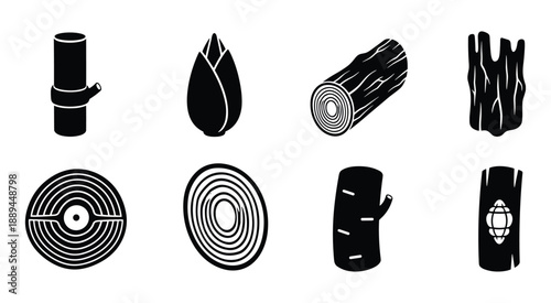 Tree trunk and wood log vector illustration in black silhouette style for design elements