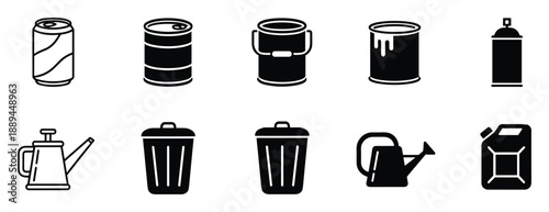 Variety of containers vector icons: Can, bucket, trash, spray, and watering can clip art designs.