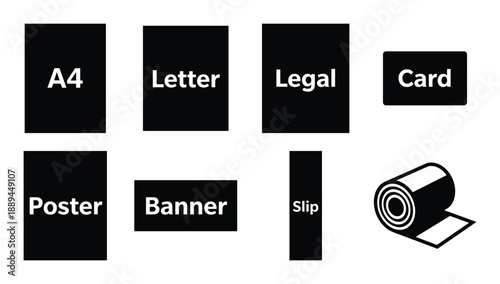 Various paper sizes and formats for printing, featuring A4, Letter, Legal, Card, Poster, Banner, Slip, and Roll.