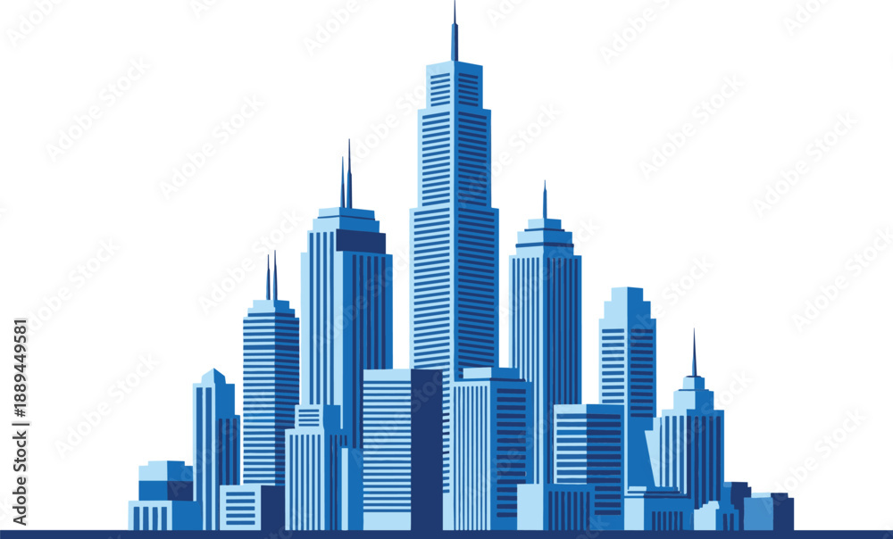 Naklejka premium Modern blue city skyline illustration with cluster of skyscrapers for corporate real estate and urban development branding vector