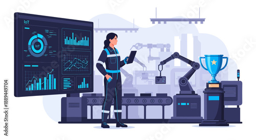 Female Engineer Managing Automated Robotic Arm in a Modern Smart Factory.