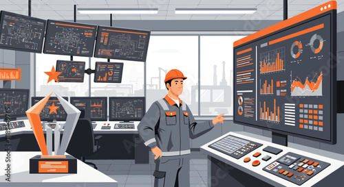 Industrial engineer analyzing data on a large screen in a modern factory control room.