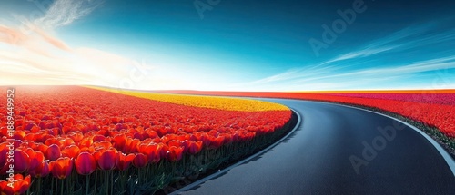 Panel kuchenny z motywem Curving asphalt road through vibrant red and yellow tulip fields under a bright blue sky at sunrise, serene and uplifting