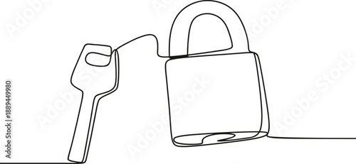 Minimal one line drawing of a key and padlock symbolizing security and protection. Continuous line art illustration representing safety, privacy, and access control. Ideal for cybersecurity concepts, 