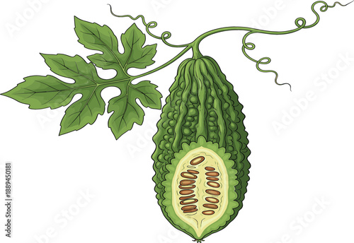 Fresh green bitter gourd vector illustration with leaves and a cross-section showing seeds, healthy organic bitter melon vegetable isolated on white background for culinary design.