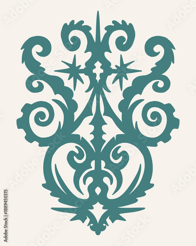 Ornate design featuring symmetrical floral patterns and swirling motifs in a decorative illustration from a front viewpoint