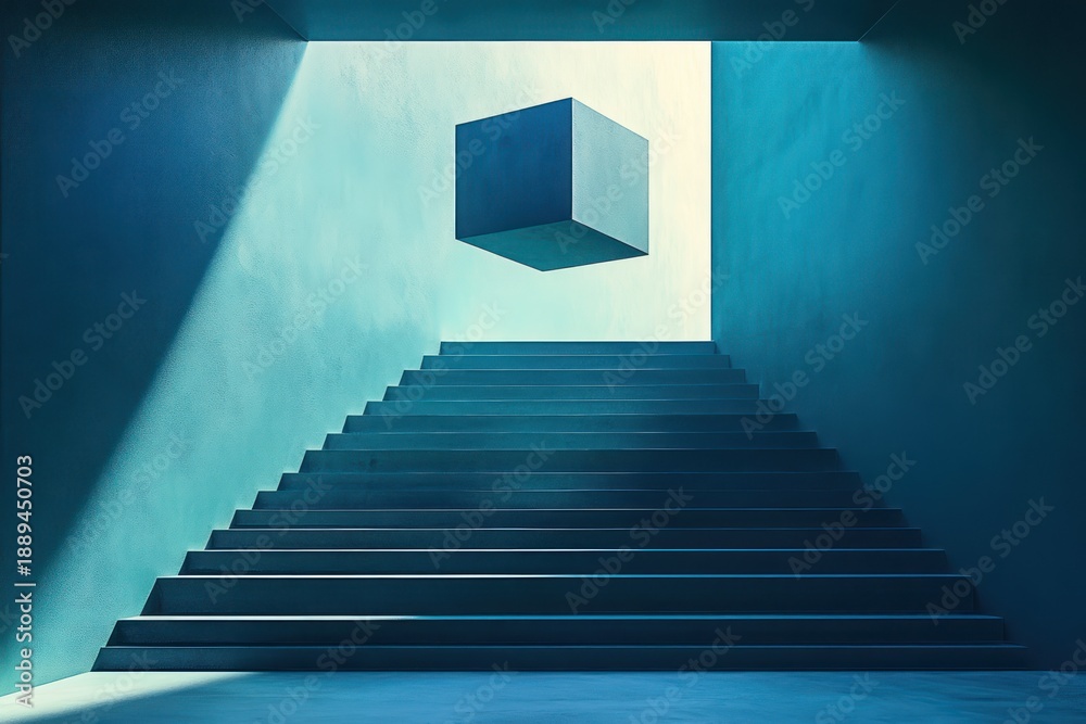 Fototapeta premium minimal teal stairway rising to a bright rectangular opening with a hovering cube, dramatic light and deep shadows evoke a mysterious contemplative calm