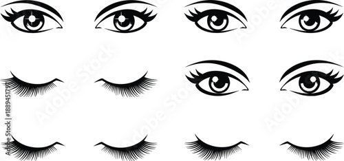 Female eye and eyelash vector set beauty makeup cosmetic elements lashes brows line art icons collection