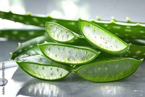 Wallpaper Mural Fresh sliced aloe vera leaves revealing translucent gel and water droplets on a reflective surface, evoking soothing, refreshing natural skincare Torontodigital.ca