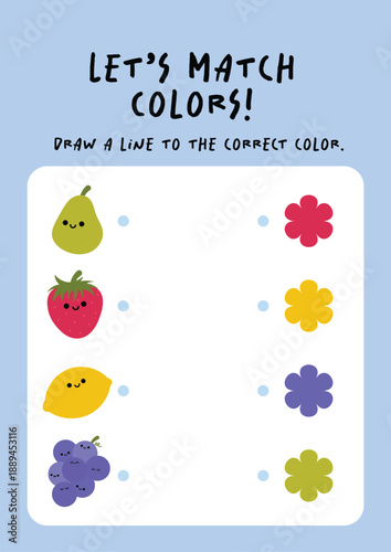 Printable kids worksheet shows cute illustrations where children draw lines to match images with the correct colors. Fun educational activity for preschool learning, classrooms, homeschooling.